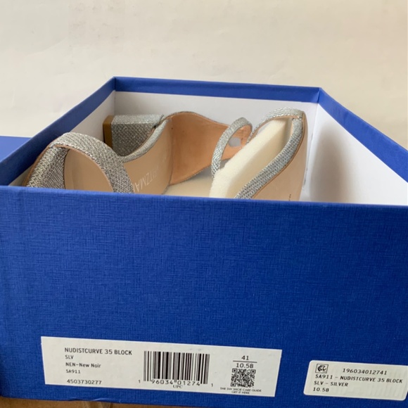 Stuart Weitzman Nudistcurve 35 Silver Block Heel Ankle Strap Sandals Pumps 10.5 - Picture 9 of 9